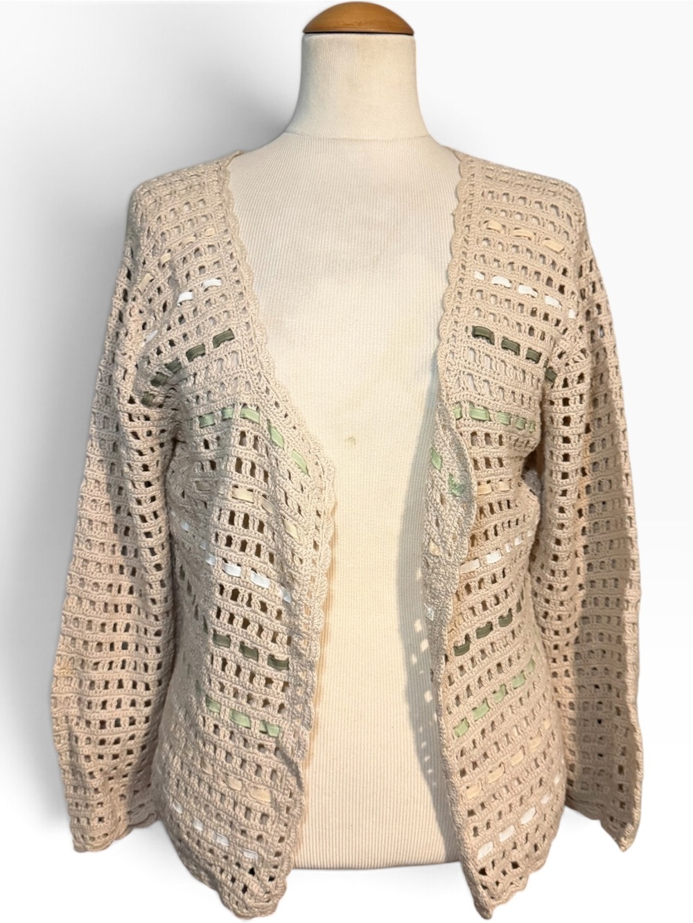 Moda International Open Crochet Knit Cardigan Sweater Cream